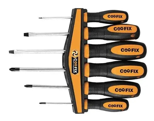 Set 6 cacciaviti croce/taglio CRV Hobby Shop Solution con manico ergonomico antiscivolo e punta magnetica, supporto incluso.