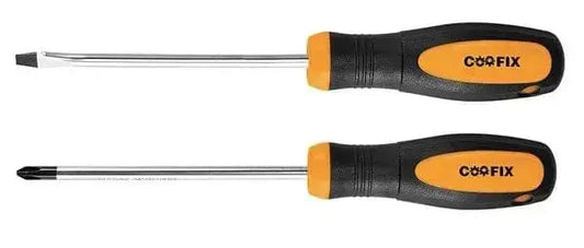 Set 2 cacciaviti croce/taglio CRV con manico ergonomico antiscivolo e punta magnetica, ideale per lavori di precisione e fai da te.