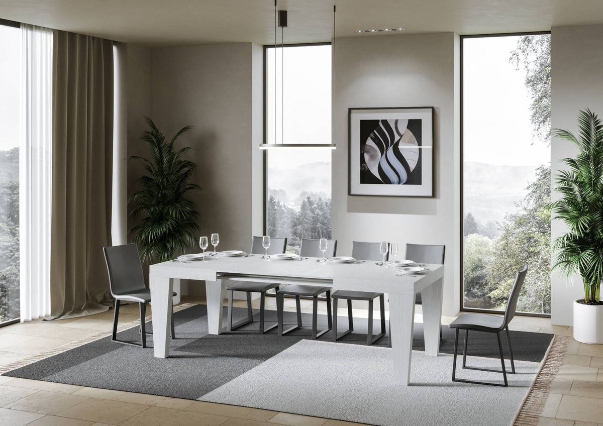 Tavolo allungabile Spimbo bianco frassino completamente esteso, ideale per ospitare numerosi commensali con stile.