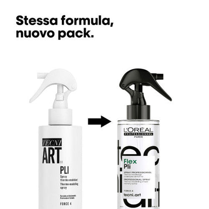 Confronto tra vecchio e nuovo packaging di spray termo-modelante Tecni Art Pli di L'Oréal Professionnel, con testo che indica la stessa formula in nuovo pack.