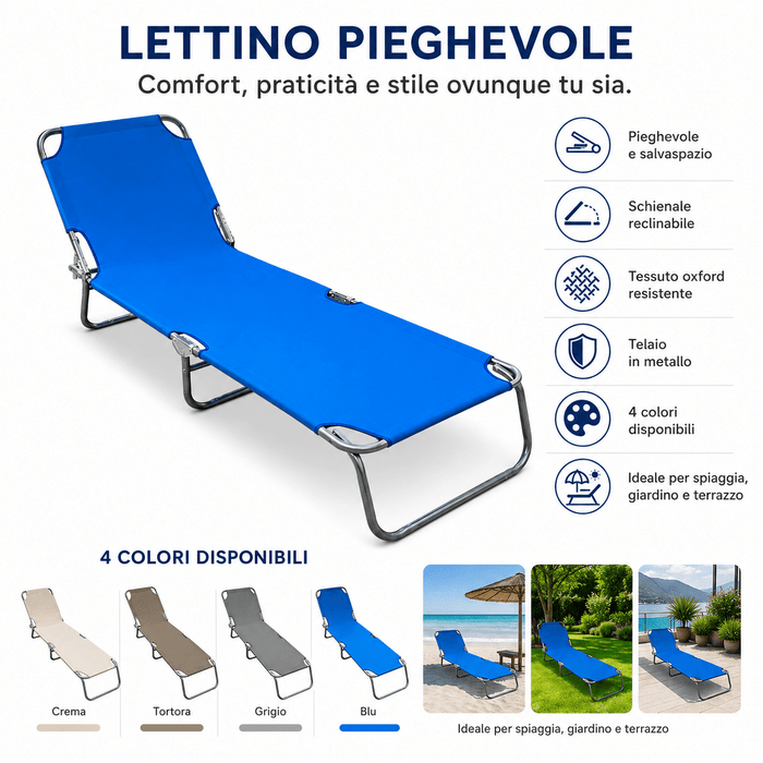 Lettino Solarium Pieghevole 187cm Tessuto Oxford 110kg