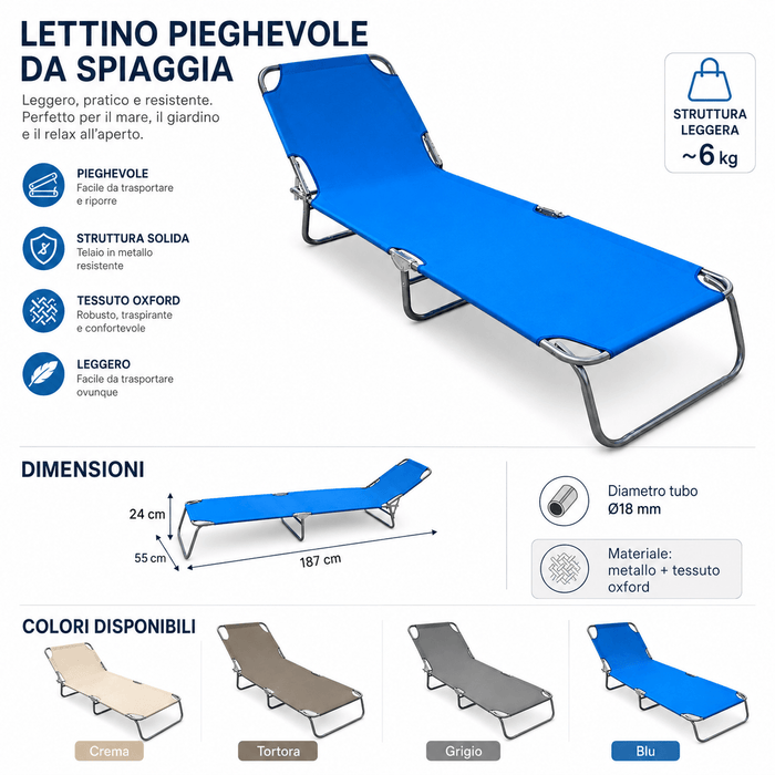 Lettino Solarium Pieghevole 187cm Tessuto Oxford 110kg
