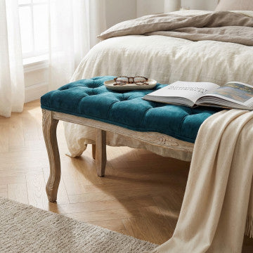 Panca in legno e velluto blu, dimensioni 110x36x47 cm, peso 5,5 kg