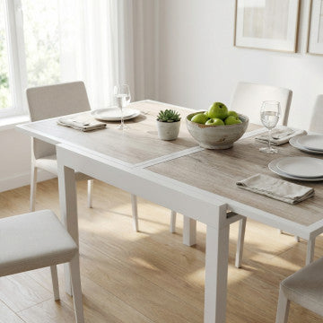 Tavolo allungabile 120/240 cm, piano vetro effetto legno, struttura alluminio
