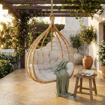 Dondolo sospeso in bamboo con cuscini beige 88x77x112 cm