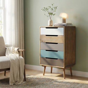 Cassettiera con struttura MDF, gambe pino, 5 cassetti colorati