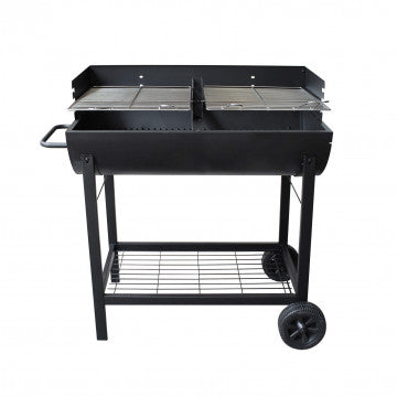 Barbecue a carbonella Wisconsin con due griglie regolabili, struttura robusta in acciaio nero e ripiano inferiore.