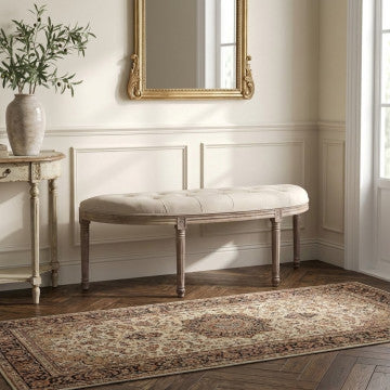 Panca in legno con rivestimento in tessuto beige 125x45x48 cm