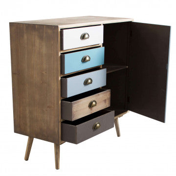 Mobiletto con struttura MDF, gambe legno pino, top naturale, 1 anta e 5 cassetti