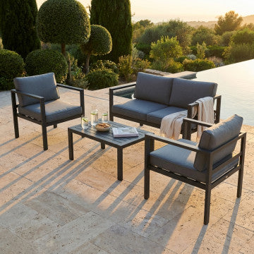 Salotto 2 posti in alluminio con cuscini, dimensioni 126x70x64 cm