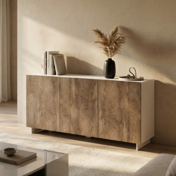 Credenza in truciolare bilaminato bianco e rovere chiaro 150x40x76 cm