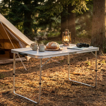 Tavolo pieghevole rettangolare in MDF e alluminio bianco, ideale per campeggio o attività all'aperto, con oggetti come tazze, pane e lanterna
