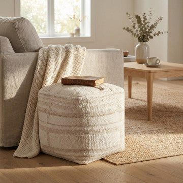 Pouf quadrato in cotone e lana avorio, 40x40x40 cm