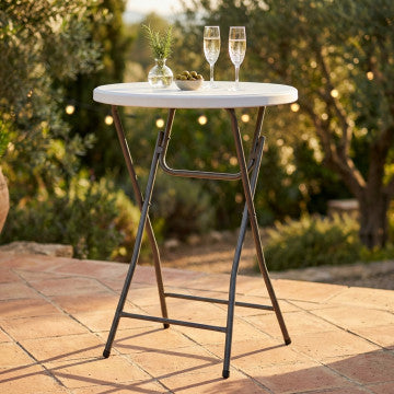Tavolo catering alto con piano circolare in ABS bianco e struttura in acciaio