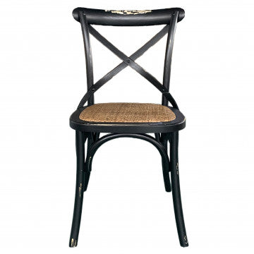 Sedia vintage in rattan e legno, seduta nera, dimensioni 46x42x87 cm