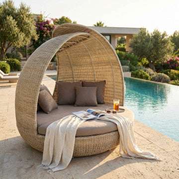 Conchiglia in alluminio e wicker con 8 cuscini, 180x210x192 cm
