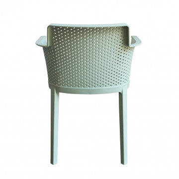 Retro della poltrona Cathy verde chiaro. Design traforato e struttura ergonomica in polipropilene. 60x58x76.5cm.