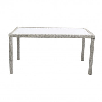 Tavolo da giardino Azore 150 x 90 cm in wicker grigio con piano in vetro, design rettangolare per spazi esterni contemporanei.