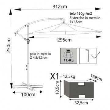 Ombrellone con telo poliestere 160gr grigio e palo metallo bianco Ø 3m