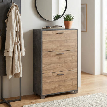Scarpiera 3 ante MDF 70x29x118 cm ossido nero e noce