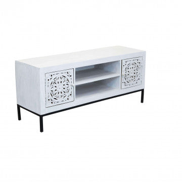 Porta TV con struttura in ferro e ante in legno di mango, 130x40x55 cm