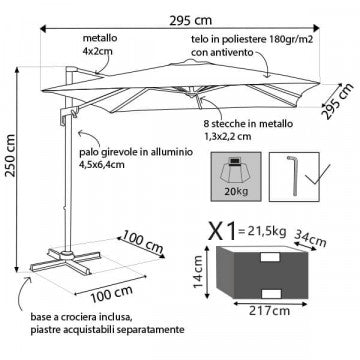 Ombrellone quadrato 3x3 m telo poliestere ecru 180 gr antivento