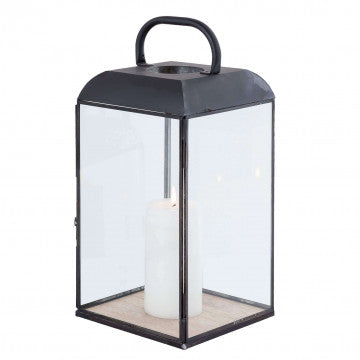 Lanterna antracite in metallo e vetro con base in legno 44 cm