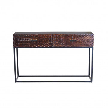 Consolle in legno di mango con decoro wengé e struttura in ferro
