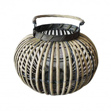 Lanterna cilindrica in vimini grigio con vetro, diametro 24 cm, altezza 19 cm