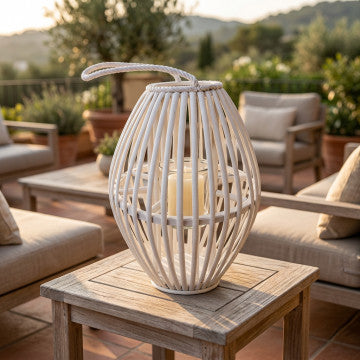 Lanterna in vimini bianco con vetro, diametro 30 cm, altezza 40 cm