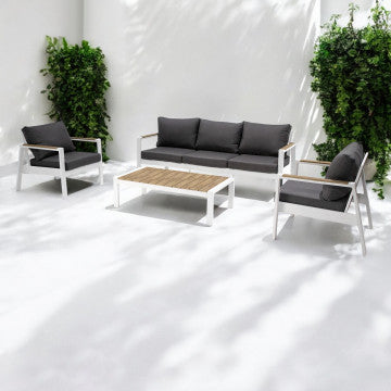 Salotto in alluminio e polywood con cuscini, divano 201x84 cm