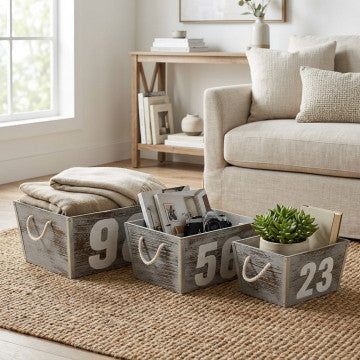 Set 3 cassette legno paulonia decoro grigio dimensioni grande media piccola