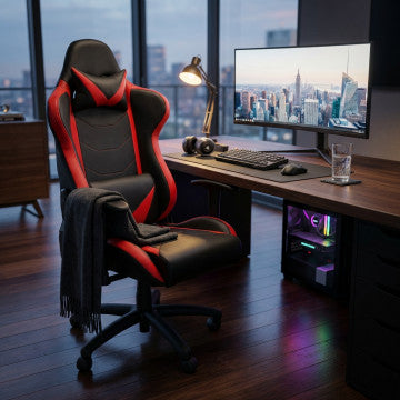 Poltrona gaming in poliuretano rosso e nero, altezza regolabile 121-129 cm