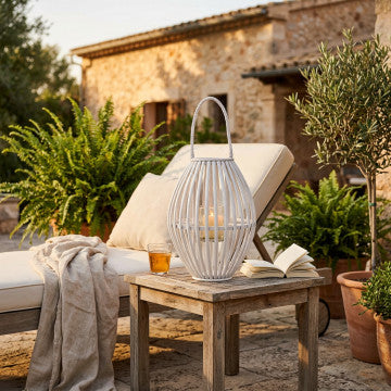 Lanterna in vimini bianco con vetro, diametro 32 cm, altezza 50 cm