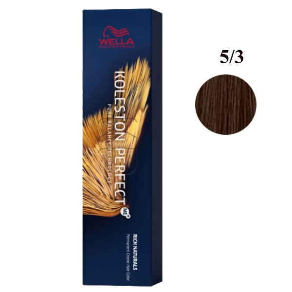 Confezione di tinta per capelli Wella Koleston Perfect Me Pure Naturals in tonalità 5/3, colore castano caldo, confezione blu, SKU: 657202