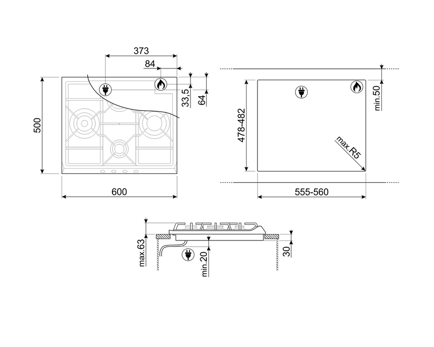 Piano Cottura Incasso Gas 4 Zone 60cm Inox