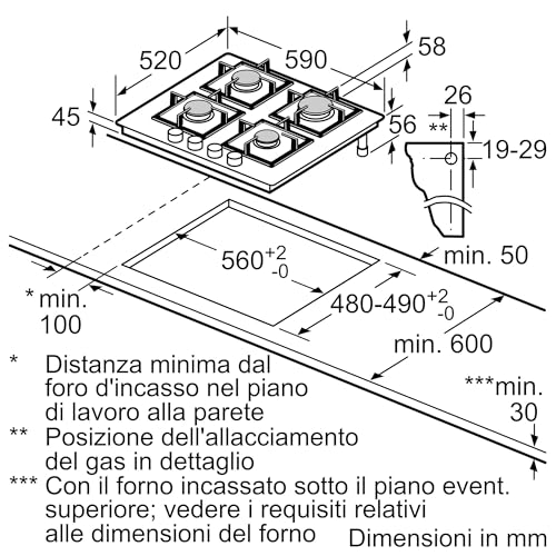 Piano Cottura Incasso Gas Vetro Temperato 4 Zone 60cm Nero