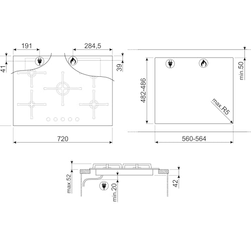 Piano Cottura Incasso Gas 5 Zone Vetro Nero 70cm