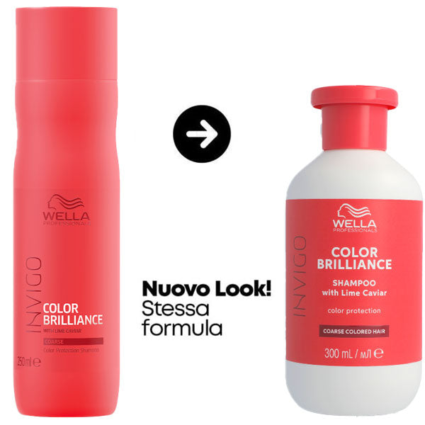 Immagine del nuovo look del shampoo Wella Invigo Color Brilliance con confezione da 250 ml, design elegante e colore rosa, per capelli colorati