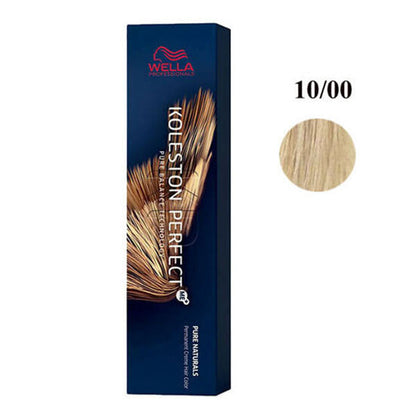 Tinta per capelli Wella Koleston Perfect Me Pure Naturals colore 10/00, tonalità biondo chiaro naturale, confezione lunga con sfumatura di capelli dorati