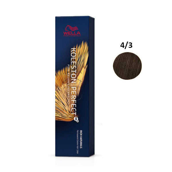 Scatola di colorante per capelli Wella Koleston Perfect Me Pure Naturals in tonalità 4/3, colore castano cioccolato, confezione blu con logo rosso