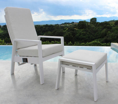 Set di poltrona reclinabile Giacarta con seduta e schienale imbottiti, struttura in alluminio verniciato bianco, ideale per relax all'aperto, SKU: AT804266-BIAN