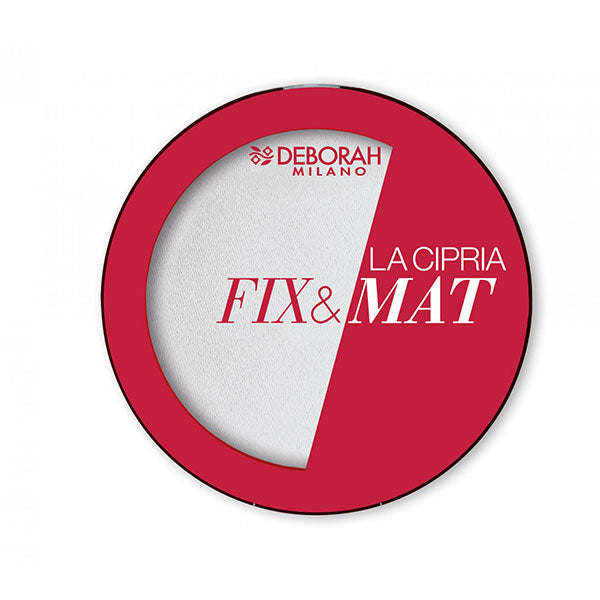 Cipria opacizzante Deborah Fix & Mat 00 in confezione rossa con finestra trasparente, polvere di riso, formula leggera per fissare il trucco