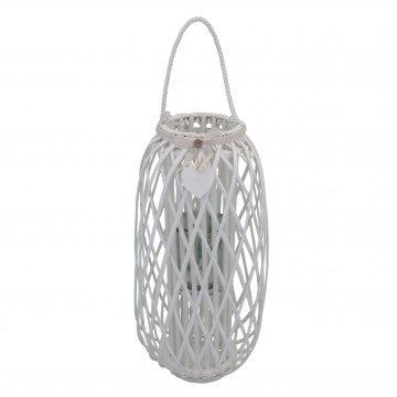 Lanterna bianca in vimini e vetro con decoro a cuore, altezza 86 cm