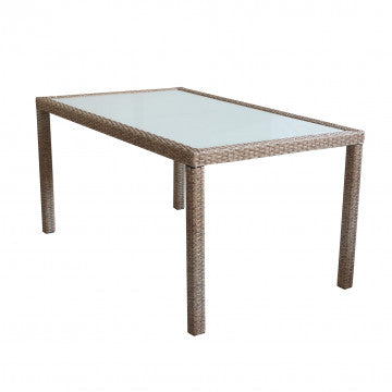 Tavolo da giardino Azore rettangolare 150 x 90 cm in wicker marrone con piano in vetro temperato, ideale per esterni moderni.