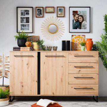 Mobile basso rovere artigiano con ante nere, 159 x 42 x 92,5 cm