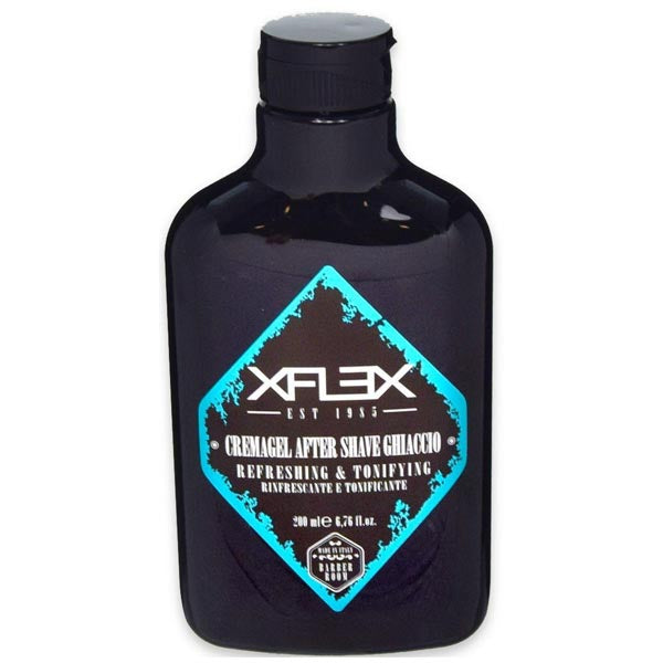 Flacone nero di lozione dopobarba XFLEX AFTER SHAVE GHIACCIO da 375 ml con etichetta blu e bianca, design moderno, ideale per cura della pelle maschile