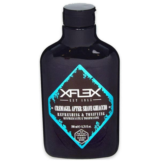 Flacone nero di lozione dopobarba XFLEX AFTER SHAVE GHIACCIO da 375 ml con etichetta blu e bianca, design moderno, ideale per cura della pelle maschile