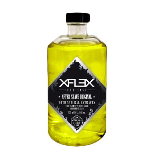 Lozione dopobarba XFLEX After Shave Original 375 ml in bottiglia trasparente con liquido giallo, etichetta nera con dettagli bianchi, per pelli sensibili