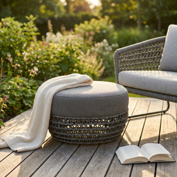 Pouf quadrato in alluminio e corda 63x63x36 cm con cuscini